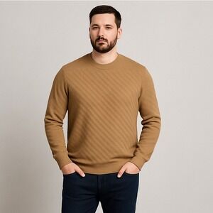 BOSS Hugo Boss Men's XXL Camel Tan Textured Knit Sweater‎ Crewneck Pullover